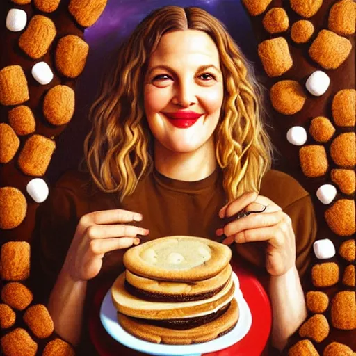 Image similar to drew barrymore in a smore, chocolate, marshmallow graham cracker, digital painting by arcimboldo, rhads