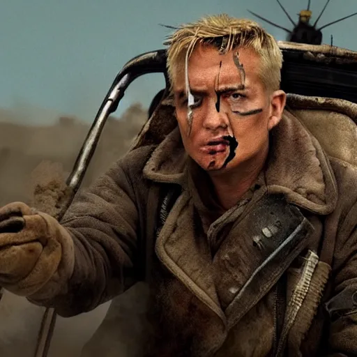 Prompt: portrait of Donald Trump as a post-apocalyptic warchief in the style of Fury Road, 4k, high detail