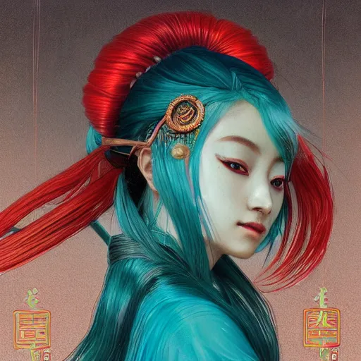 Image similar to a beautiful portrait of hatsune miku with teal colored hair with deep red highlight streaks in her hair dressed as a ancient chinese sorceress, intricate, elegant, highly detailed, digital painting, artstation, concept art, matte, sharp focus, illustration, art by greg rutkowski and alphonse mucha