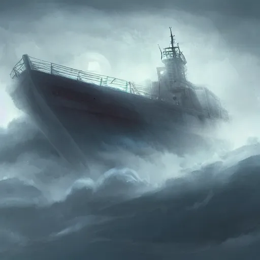 Prompt: large lonely ship drifting amongst the clouds and fog with heavy dark storm beautiful Concept art