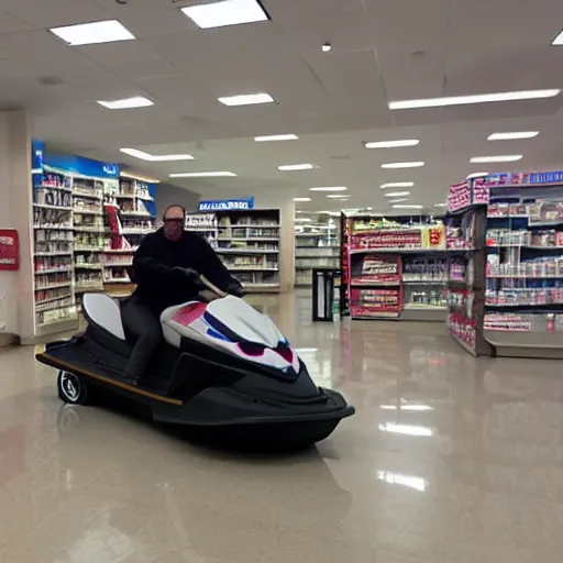 Image similar to a man driving a jetski through a cvs pharmacy, atmospheric haze