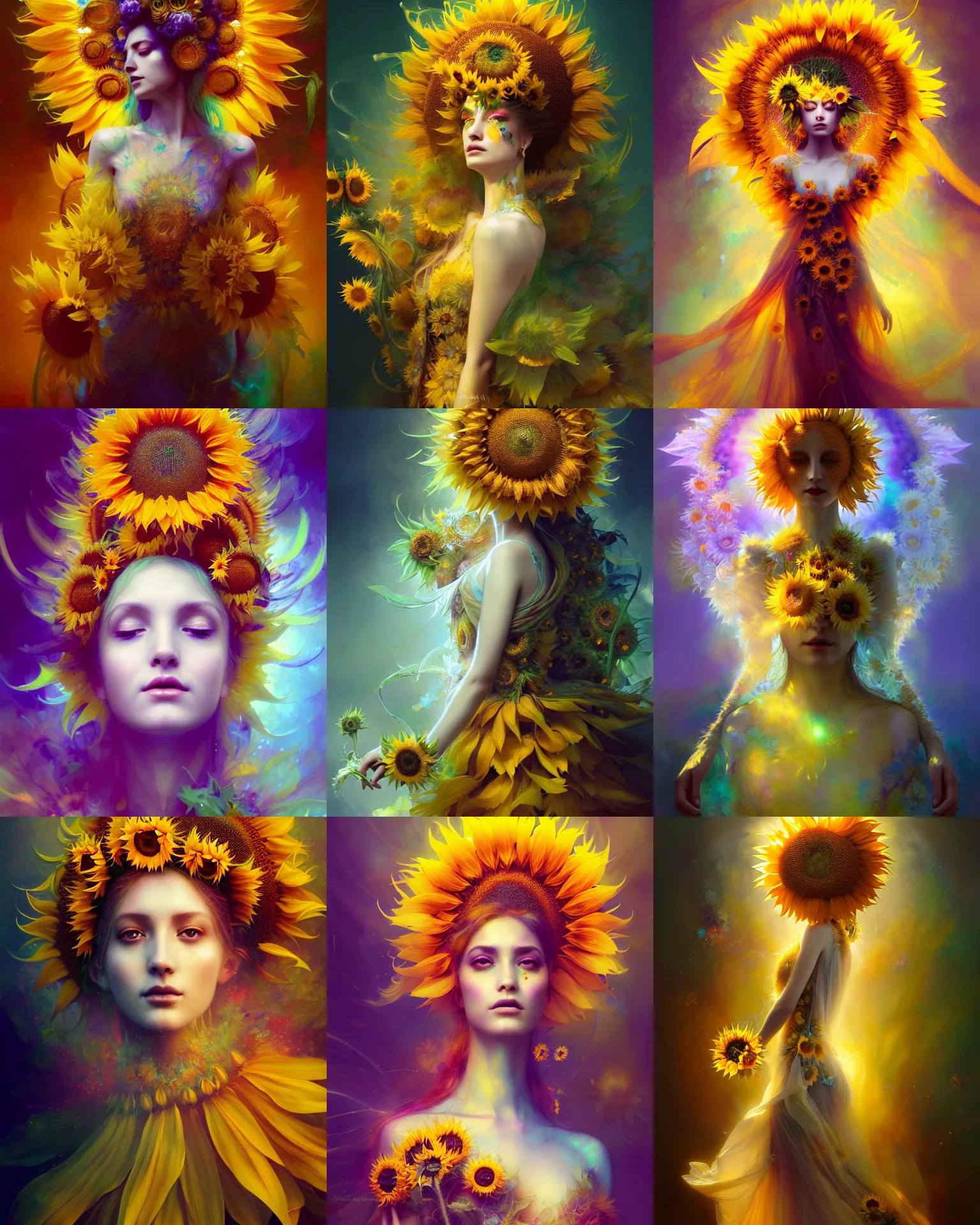 Prompt: Full View Portrait Mystical ethereal sunflower deity wearing beautiful dress, sunflower Dryad, 4k digital masterpiece by Anna dittman and Ruan Jia and Alberto Seveso, fantasycore, Hyperdetailed, realistic oil on linen, soft lighting, sunflower background, featured on Artstation