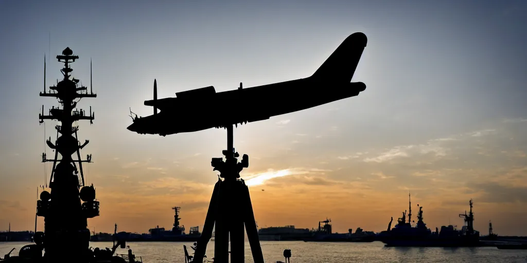 Prompt: warplane stand still on war ship, a dog cartoon symbol on its tail, sun on the background, a little bit silhouette, high quality, award winning photography, photo professional, photography, 2 4 mm lens, f 2. 0, high quality, sharpen, detailed, 8 k, hd, uhd, color grading