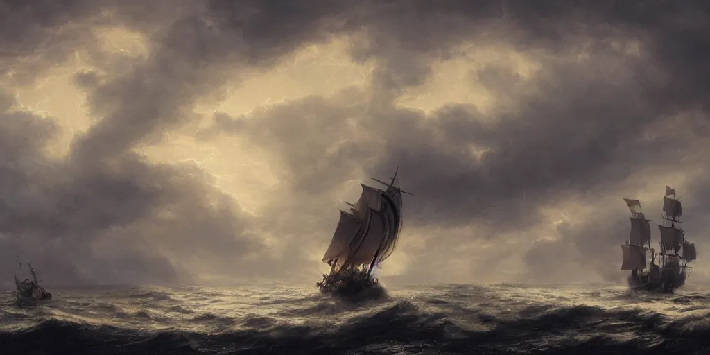 Prompt: Pirate vessel sailing on wild ocean waters during a thunderstorm, crashing waves, 4k, cozy wallpaper, trending on Artstation, award-winning, art by Greg Rutkowski