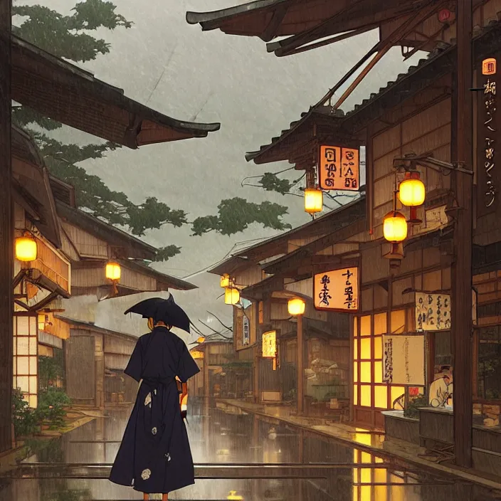 Image similar to japanese rural town, rain, in the style of studio ghibli, j. c. leyendecker, greg rutkowski, artem