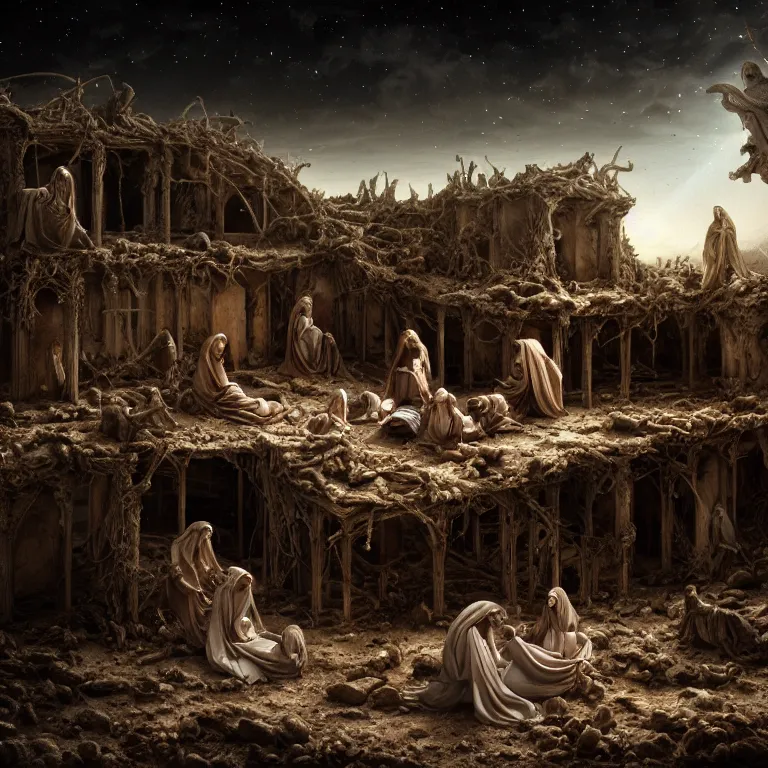 Image similar to ribbed abandoned Nativity of Jesus scene on exoplanet, baroque painting, standing in a desolate empty wasteland, creepy, nightmare, dream-like heavy atmosphere, surreal abandoned buildings, beautiful detailed intricate insanely detailed octane render trending on Artstation, 8K artistic photography, photorealistic, chiaroscuro, Raphael, Caravaggio, Beksinski, Giger