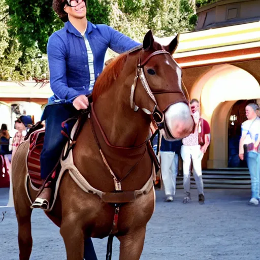 Image similar to andy samberg riding a horse in disneyland super realistic photo