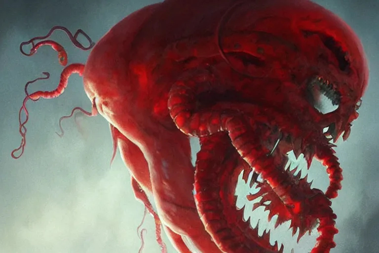 Image similar to painting by greg rutkowski of a flying crying human head and face that is chalk white in color, with tentacles coming of the neck, fiery red eyes, flying in a terrying hell like cavernous place