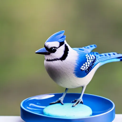 Prompt: photo of blue jay standing in a plate filled with blue macaroons