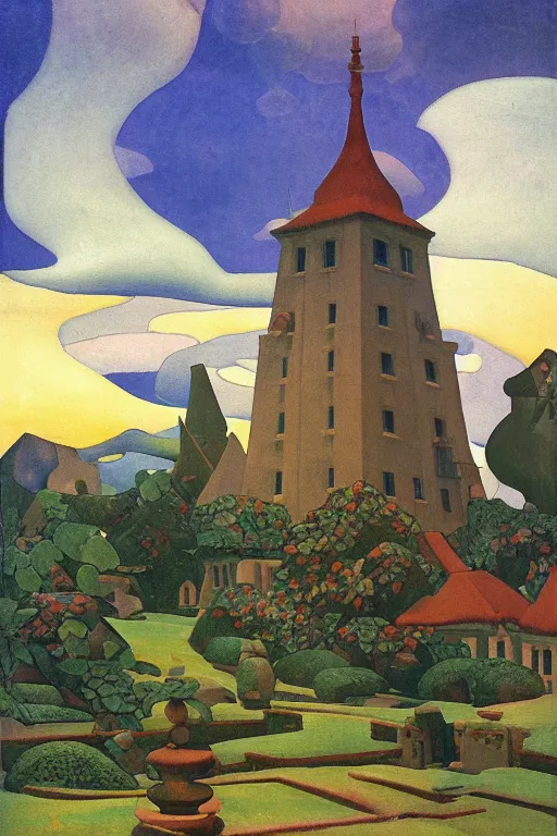 Prompt: view of the old tower and its gardens after a storm, tall windows lit up, beautiful ornamental architecture, dramatic cinematic lighting, rich colors, by Nicholas Roerich and and Caspar David Friedrich and April Gornik and William Dyce and ((Diego Rivera)), smooth, sharp focus, extremely detailed, featured on artstation