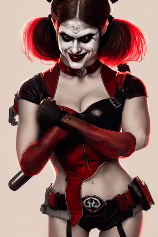 Image similar to alexandra daddario as harley quinn, realistic portrait, symmetrical, highly detailed, digital painting, artstation, concept art, smooth, sharp focus, illustration, cinematic lighting, art by artgerm and greg rutkowski and alphonse mucha