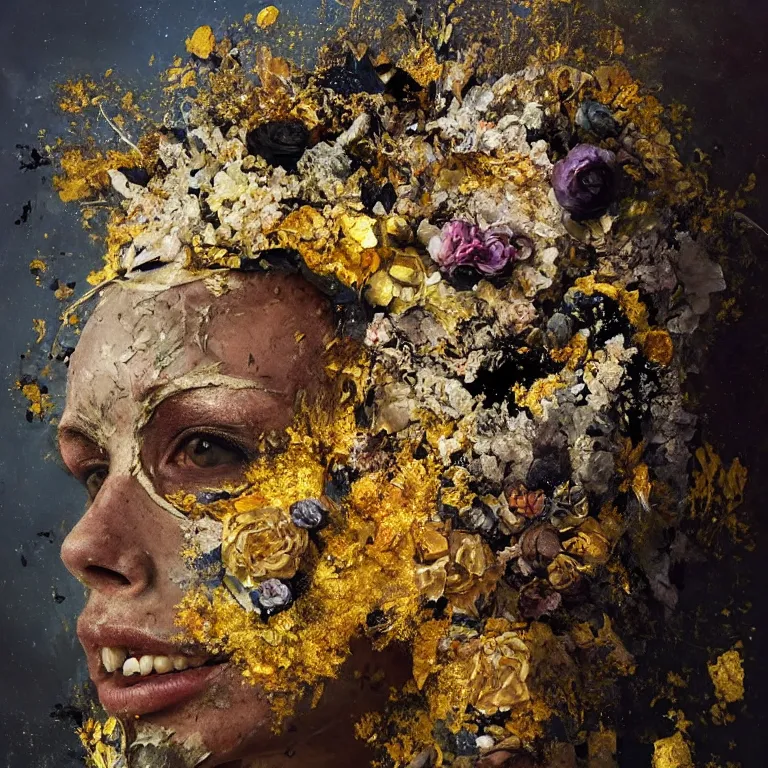 Image similar to A beautiful oil painting hyperrealism of a decayed black head, rotting black clay skin, gold flaked flowers, floral headdress, 8k resolution, octane render, Trending on artstation, by Gediminas Pranckevicius, volumetric light 2blue fractal Thunder glow by dan mumford, anaglyph effect, Laurie Lipton