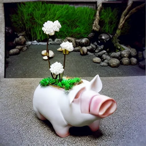 Image similar to “pig sculpture, mixed materials, pork, ikebana white flowers, white wax dripping”