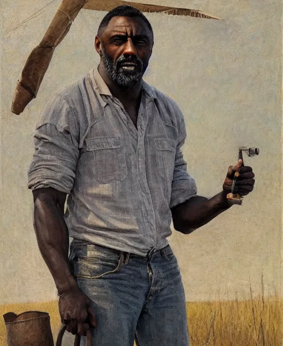 Prompt: portrait of idris elba as a kansas farmer, art by denys tsiperko and bogdan rezunenko and thomas eakins, hyperrealism