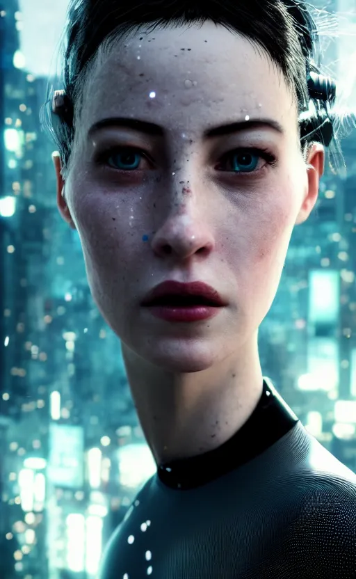 Prompt: cinestill 5 0 d candid photographic portrait by helen levitt of a feminine android wearing sexy black mesh techwear on a dystopian structure towering above forest, extreme closeup, modern cyberpunk 2 0 7 7 moody emotional horror cinematic, lens flare snow storm, 8 k, hd, high resolution, 3 5 mm, f / 3 2, ultra realistic faces, ex machina