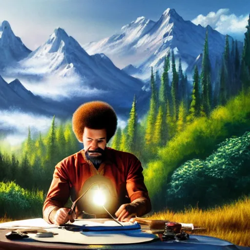 Image similar to a closeup photorealistic photograph of bob ross diligently completing a canvas painting with iron man on the canvas. mountains and trees. film still. brightly lit scene. this 4 k hd image is trending on artstation, featured on behance, well - rendered, extra crisp, features intricate detail, epic composition and the style of unreal engine.