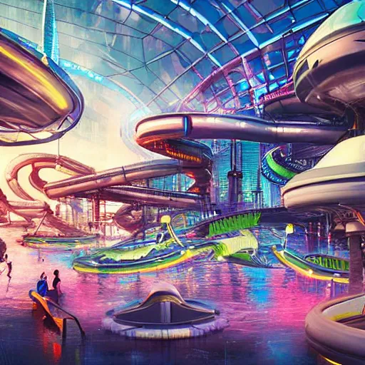 Image similar to futuristic cyberpunk waterpark, digital art, highly detailed, epic composition, cinematic lighting