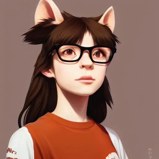 Prompt: character design portrait of an anthropomorphic furry rat girl with rat ears, brown hair, wearing a tee shirt and glasses, looking at the camera, 4 k, concept art, by wlop, ilya kuvshinov, artgerm, krenz cushart, pixiv.