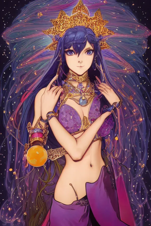 Image similar to psychedelic, intricate, highly detailed, anime, 4k, beautiful seductive lucina from fire emblem holding a crystal containing the universe, with professional makeup, long trippy hair, surrounded by gems, underneath the stars, trending on patreon, deviantart, twitter, artstation, volumetric lighting, heavy contrast, by artgerm and Ilya Kuvshinov and alphonse mucha