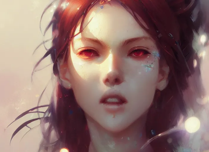 Image similar to closeup of anime girl, smiling, intricate, sharp focus, lens flare, bloom, illustration, highly detailed, digital painting, concept art, matte, art by ruan jia and wlop and greg rutkowski