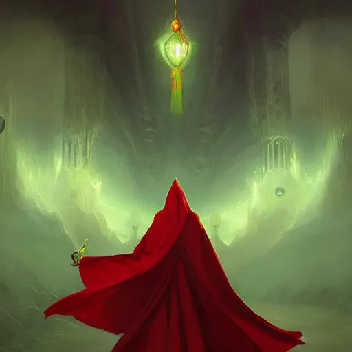 Image similar to ''cinematic shot'' red hooded wizard with bells ringing simetrical 8 k atmosferic realistic, wearing a green cape, holding a bell, made by ivan aivazovsky, peter mohrbacher, greg rutkowski volumetric light effect broad light oil painting painting fantasy art style sci - fi art style realism premium prints available artwork unreal engine