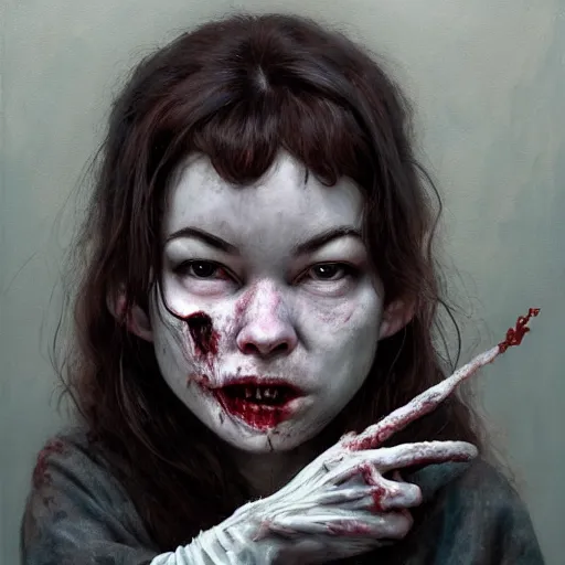 Prompt: head portrait of fresh faced young adult sugarcubes bjork as a zombie, 7 days to die zombie, gritty background, fine art, award winning, intricate, elegant, sharp focus, cinematic lighting, digital painting, 8 k concept art, art by michael hussar, art by brom, art by guweiz and z. w. gu, 8 k