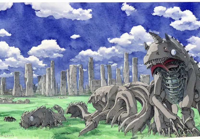 Prompt: a hyperrealist watercolor concept art from a studio ghibli film showing a giant grey mechanized prehistoric beast from howl's moving castle ( 2 0 0 4 ). stonehenge is under construction in the background, in the rainforest on a misty and starry night. by studio ghibli. very dull muted colors