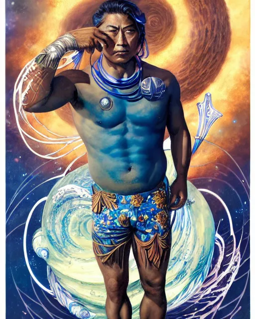 Image similar to duke kahanamoku as a hawaiian warrior surrounded by intergalactic planets connected by streams of magical flow, sigma male, gigachad, visually stunning, luxurious, by james jean, jakub rebelka, tran nguyen, peter mohrbacher, yoann lossel