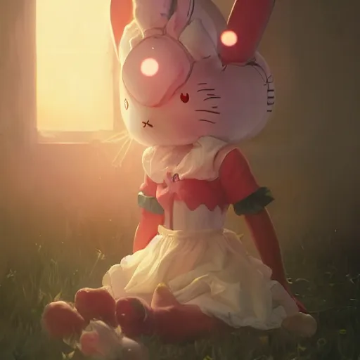 Image similar to Miffy-Miffy Bon-Bons the Bunny Girl, huggy wuggy from poppy playtime video game, fullbody, ultra high detailed, glowing lights, oil painting, Greg Rutkowski, Charlie Bowater, Beeple, unreal 5, DAZ, hyperrealistic, octane render, RPG portrait, dynamic lighting, fantasy art, beautiful face