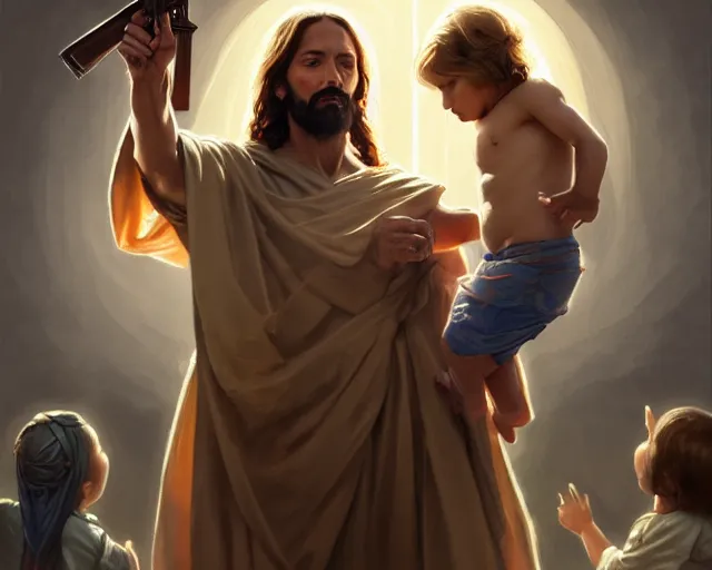 Image similar to photography of jesus christ pointing ak 4 7 to a small child wrapped in toilet paper, deep focus, d & d, fantasy, intricate, elegant, highly detailed, digital painting, artstation, concept art, matte, sharp focus, illustration, hearthstone, art by artgerm and greg rutkowski and alphonse mucha