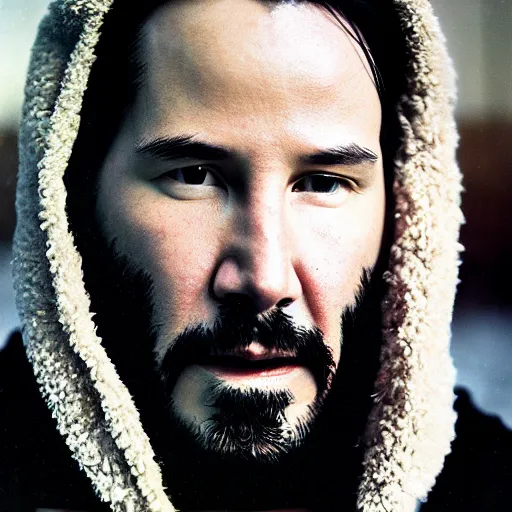 Prompt: portrait photo of keanu reeves on an extremely cold winter day with ice in his beard, by ron haviv, highly detailed, 8 0 mm, kodachrome