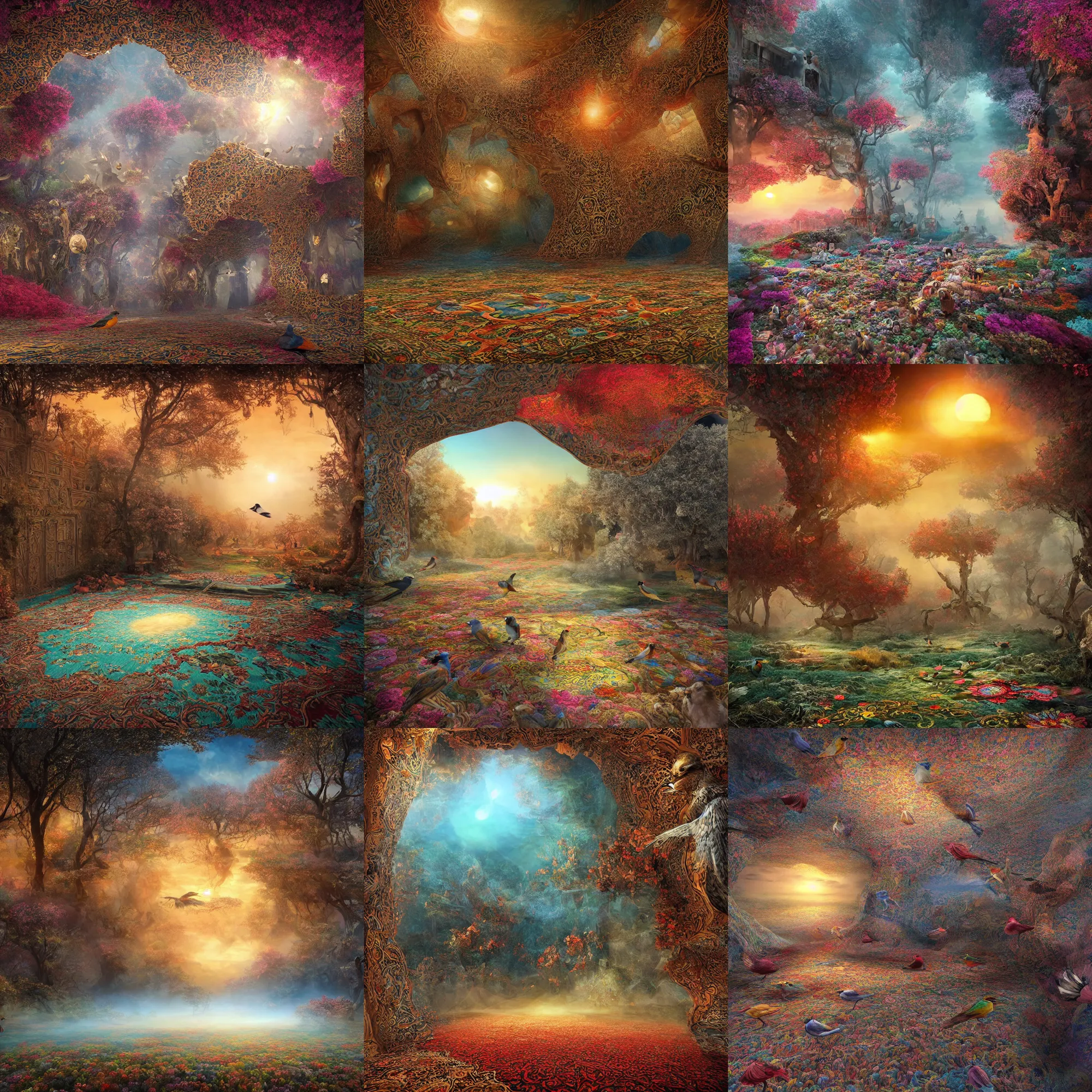 Prompt: sunrise in the magic Fluffy 3d Persian Carpet dimension, everything is carpet and 3d, birds and trees, surreal, photorealistic concept art, immense detail, epic, striking