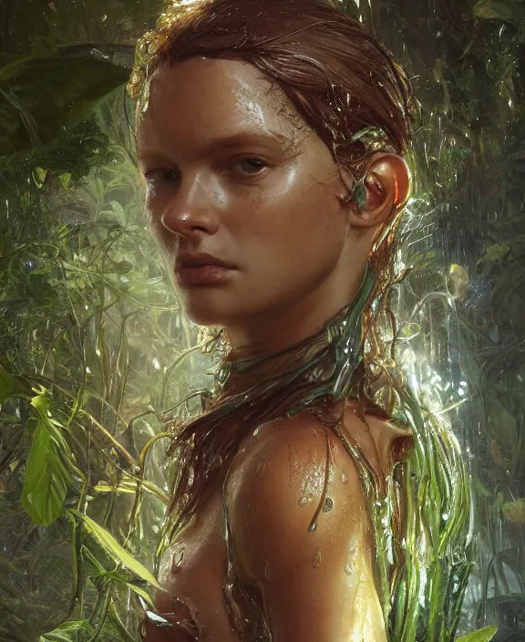 Image similar to portrait of a wet slimy alien insect creature, adorable, childlike, overgrown environment, ultra realistic, concept art, psychedelic, photorealistic, octane render, 8 k, unreal engine. art by christopher marley and artgerm and greg rutkowski and alphonse mucha