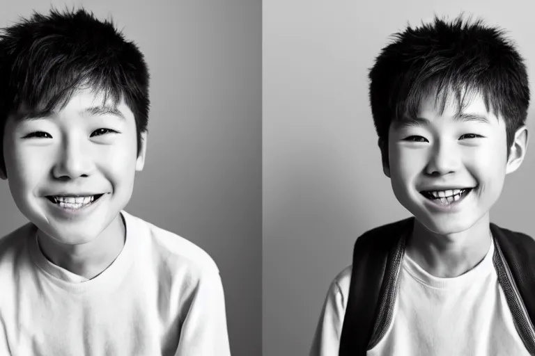 Image similar to still photo of a korean boy smiling at the camera on the street, black and white color aesthetic, highly detailed, photorealistic portrait, bright studio setting, studio lighting, crisp quality and light reflections, unreal engine 5 quality render