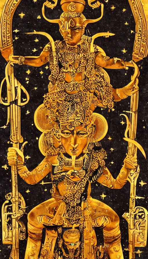 Image similar to the emperor, ram horns sprouting from his head, golden taurus, mars energy, ankh, wisdom, full body shot, sitting on a stone throne