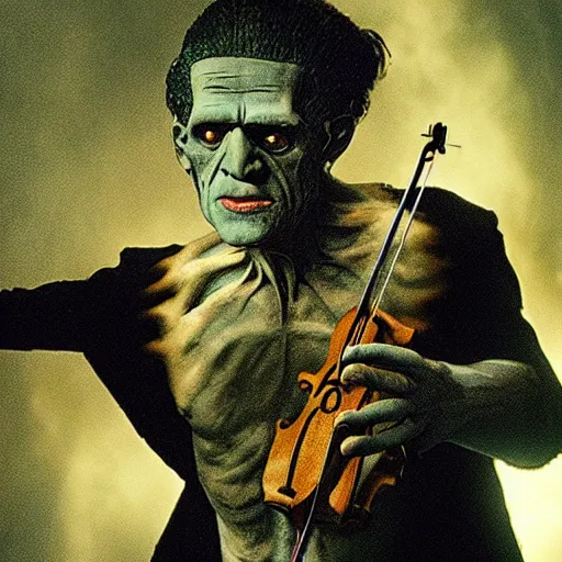 Prompt: UHD candid photo of Frankenstein playing violin, with accurate face, UHD, photorealistic, correct face, photo by Annie Leibowitz