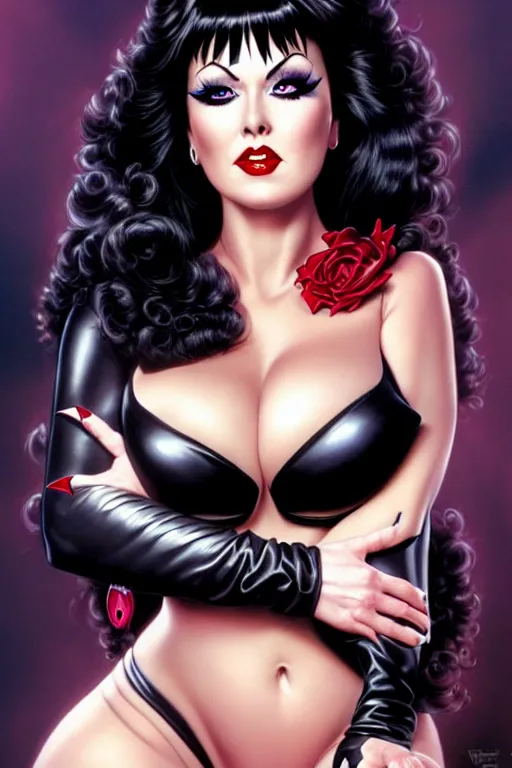 Image similar to a ( beautiful masterpiece highly detailed ) full body portrait illustration of intimate alluring elvira! mistress of the dark by ralph horsely and artgerm and joe jusko, raven black hair, porcelain white skin. betty page, curvy. trending on artstation