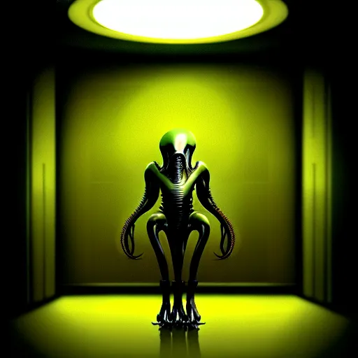 Image similar to black glossy xenomorph drone, alien movie, endless empty office building, pale yellow wallpaper, moist brown carpet, dim fluorescent lighting, artstation, ultra detailed, creepy, dramatic lighting, photorealistic, art by h. r. giger