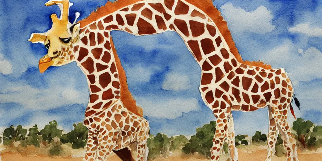 Image similar to Joe Biden in a giraffe suit , walking in the desert watercolor painting