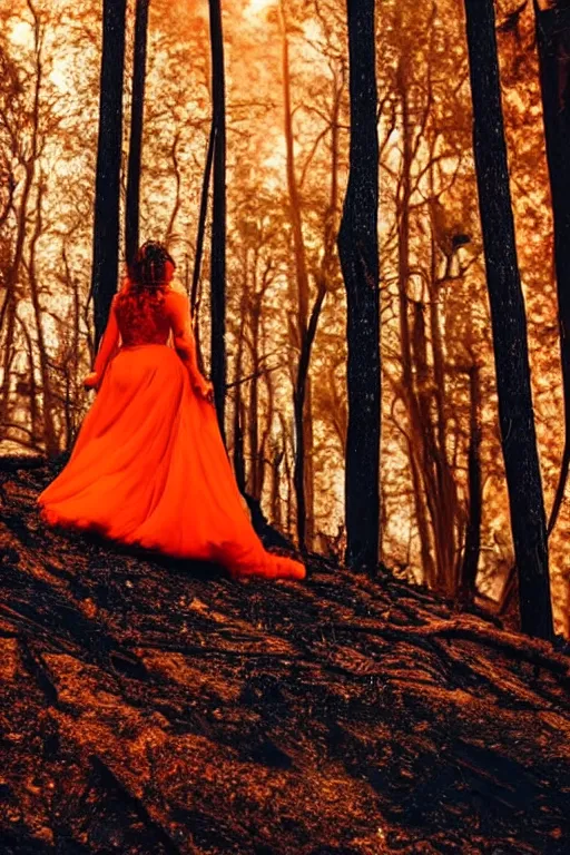 Image similar to the queen of fire wearing an orange and red beautiful dress walking on a burning forest, beautiful angle, aesthetic