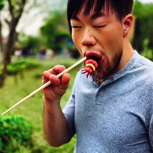 Image similar to a man eating earthworms with chopsticks