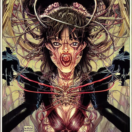 Image similar to portrait of crazy spider girl, symmetrical, by yoichi hatakenaka, masamune shirow, josan gonzales and dan mumford, ayami kojima, takato yamamoto, barclay shaw, karol bak, yukito kishiro