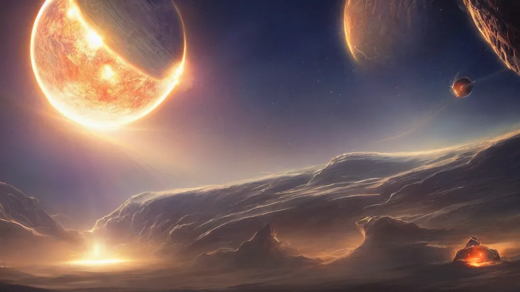 Prompt: planet crashes into the Earth at great speed, catastrophic, Power, frightening appearance, the sun's rays through the dust, a shock wave, art by Jessica Rossier,