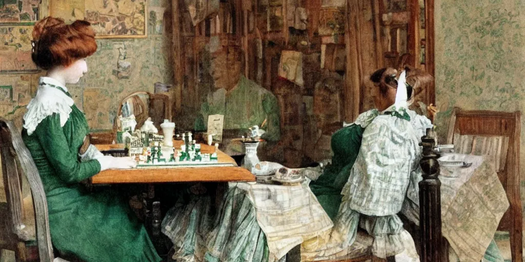 Image similar to a young edwardian woman wearing a green blouse and grey skirt sits by a chessboard at a table, in the style of carl larsson