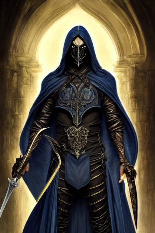 Image similar to raziel soul reaver casting the sword, long black hair blue eyes wearing leather mantle gothic navy cloak with gold details, nosgoth pillars, fantasy character portrait, ultra realistic, intricate, elegant, cinematic lighting, highly detailed, digital painting, artstation, smooth, sharp, focus, illustration, art by artgerm and greg rutkowski and alphonse mucha