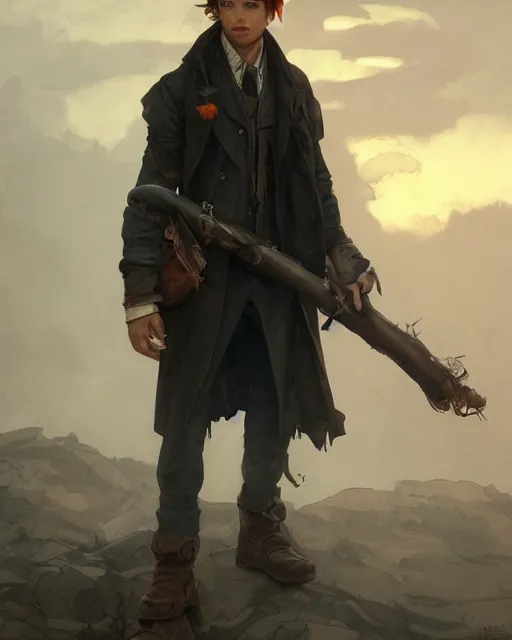 Prompt: portrait, cute young man, long auburn hair, post - apocalyptic, waistcoat, black greatcoat, scarf, very detailed, dusk, character illustration, cloudy sky, soft lighting, octane render, greg rutkowski, alphonse mucha, sung choi, 8 k, vibrant