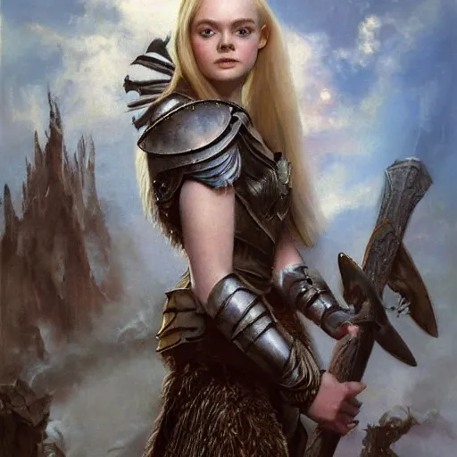 Prompt: ultra realistic portrait painting of elle fanning wearing valkyrie armor, art by frank frazetta, 4 k, ultra realistic, highly detailed, epic lighting