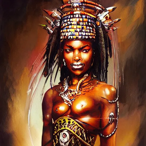 Image similar to African Warrior Priestess with Shining Eyes, by Simon Bisley and Jeff Simpson