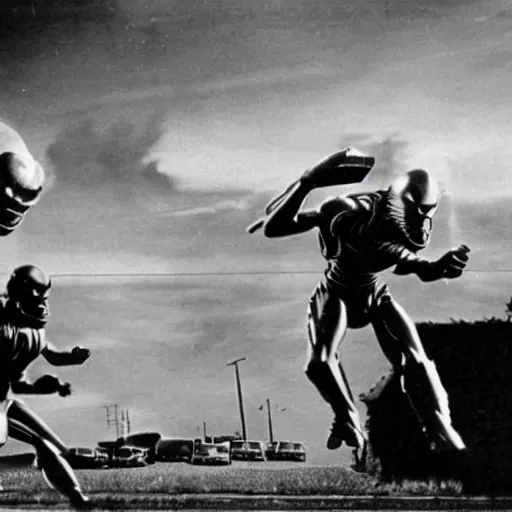 Image similar to 1 9 5 0 s, sci - fi movie, vintage movie grain, alien gunmen attack suburbia street