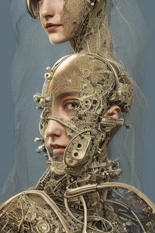 Image similar to a beautiful ultradetailed vintage photo of a veiled cybernetic cyborg, by tom bagshaw and james christensen, embroidered lace chapel veil, portrait, cybernetic implants, vignette, 3 5 mm lens, golden ratio composition, detailed face, studio photography, very detailed, humanoids, mechanical robotic armor, masterpiece!, artstation, 8 k, highly coherent